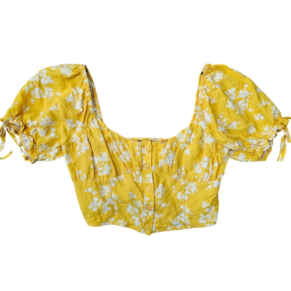Forever 21 Yellow Floral Linen Blend Puff Sleeve Smocked Crop‎ Top Womens Small